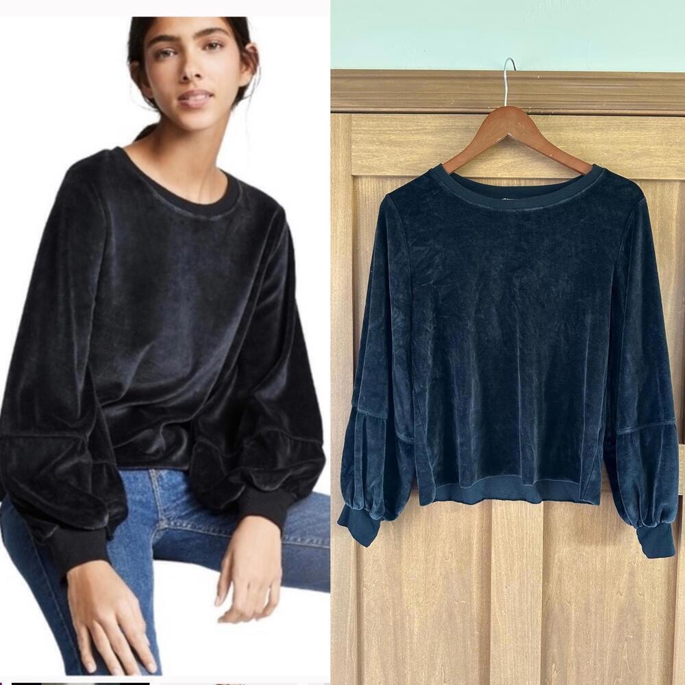 Nation LTD. Kiera Black Velvet Lantern Puff Sleeve Slouchy Crewneck Top sz Small
